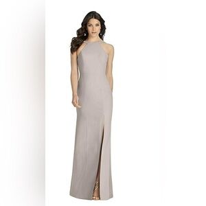 NWT Dessy Collection Crepe Halter Xback full length dress in taupe